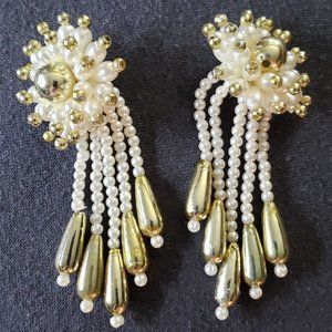 Vintage Shooting Star Faux Pearl Gold Tipped Chandelier Earrings